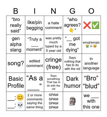 Yt comments Bingo Card