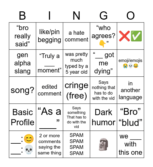 Yt comments Bingo Card