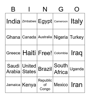 World Sickle Cell Day - Country Bingo Card