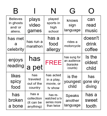 "Get to Know You" BINGO Card