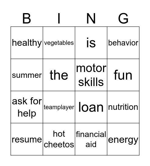 Parent Bingo Card