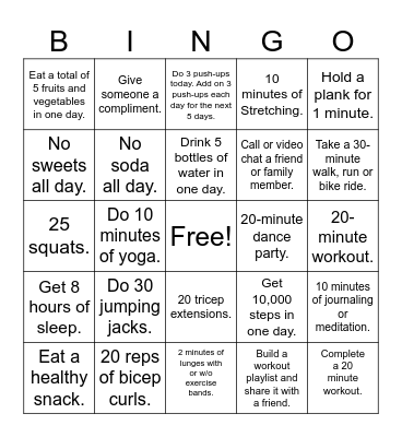 Fitness Challenge Bingo Card