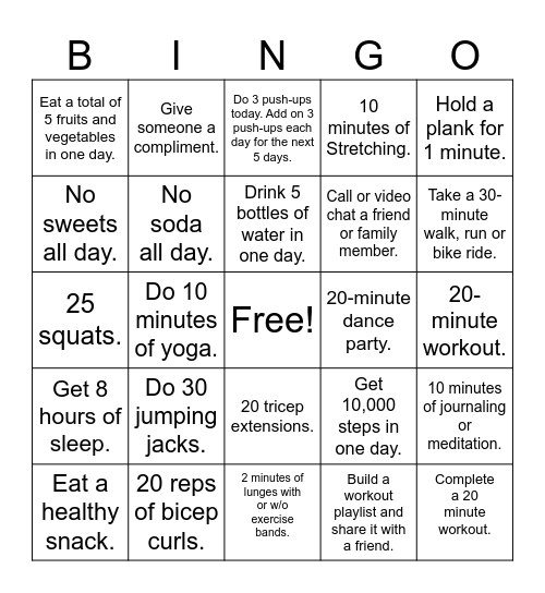 Fitness Challenge Bingo Card