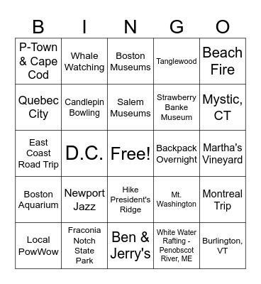 EAST COAST TOAST Bingo Card