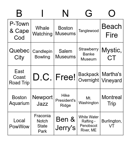 EAST COAST TOAST Bingo Card