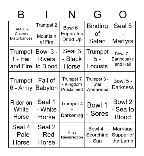 Seals, Trumpets, Bowls, and Other Key Events Bingo Card