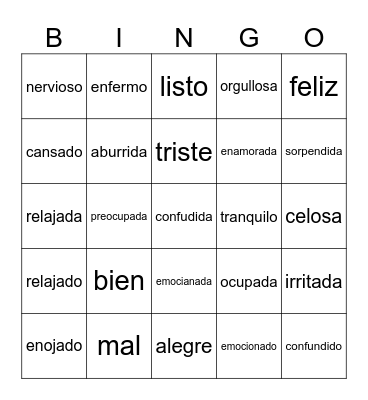 Spanish Emotions Bingo Card