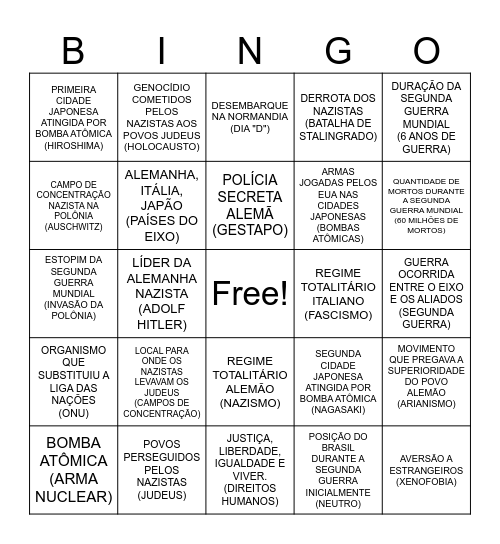 BINGO SEGUNDA GUERRA E REGIMES TOTALITÁRIOS Bingo Card