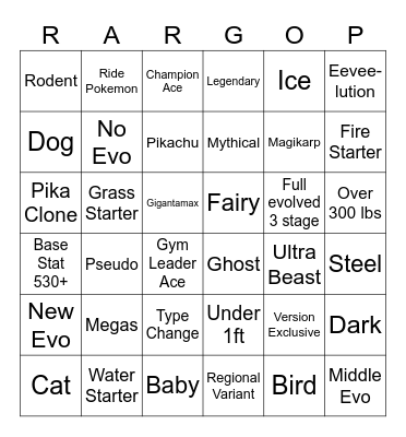 Randomized Pokemon Bingo Card