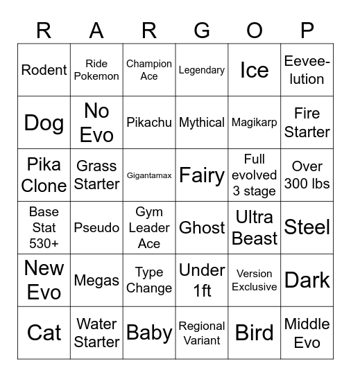 Randomized Pokemon Bingo Card