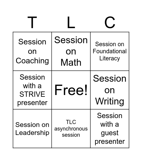 STRIVE's Virtual TLC Conference Bingo Card