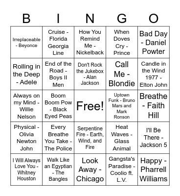 Billboard Year-End Number 1 Singles 1970s to Now Bingo Card