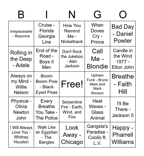 Billboard Year-End Number 1 Singles 1970s to Now Bingo Card