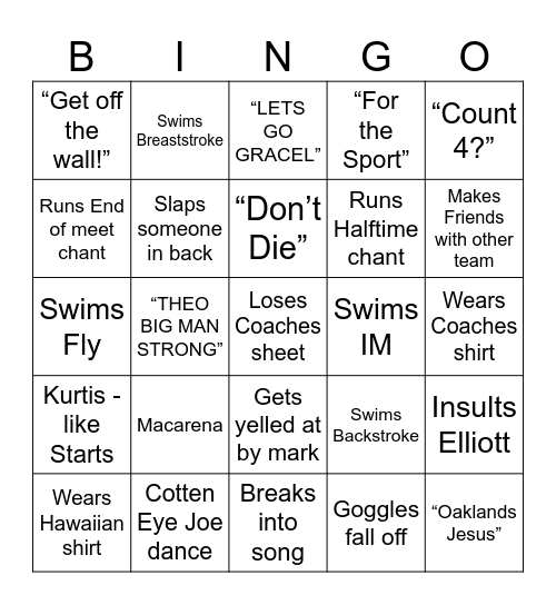 Cole’s Swim Meet Bingo Sheet Bingo Card