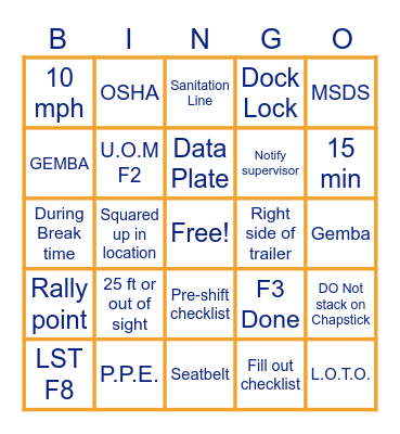 Warehouse safety Bingo Card