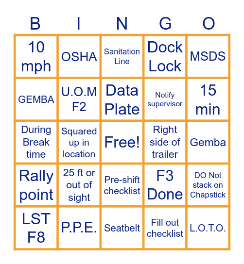 Warehouse safety Bingo Card