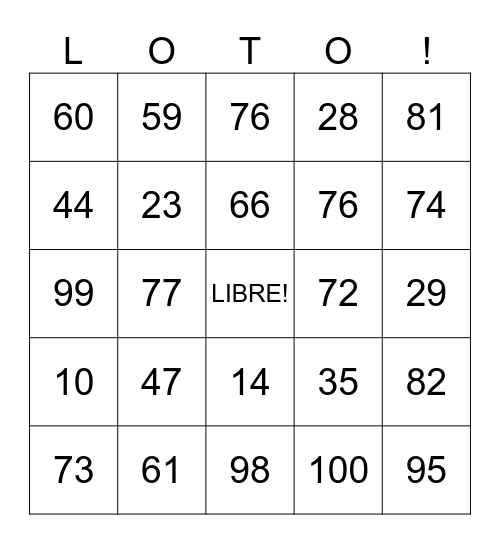 Les Numeros/Chifres Bingo Card