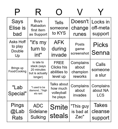 Provy was his Name-y Bingo Card