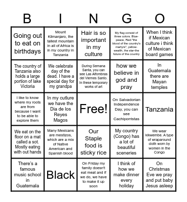 World Day Dinner Bingo Card