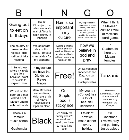 World Day Dinner Bingo Card