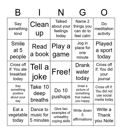 Positive Activities Bingo Card