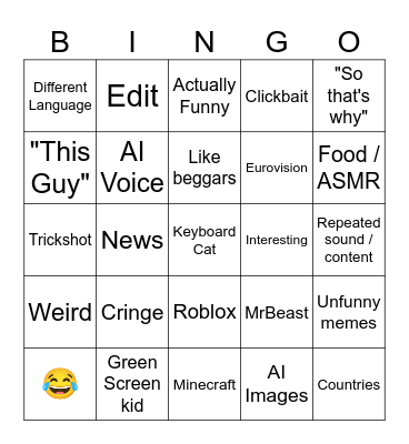 YT Shorts Bingo Card