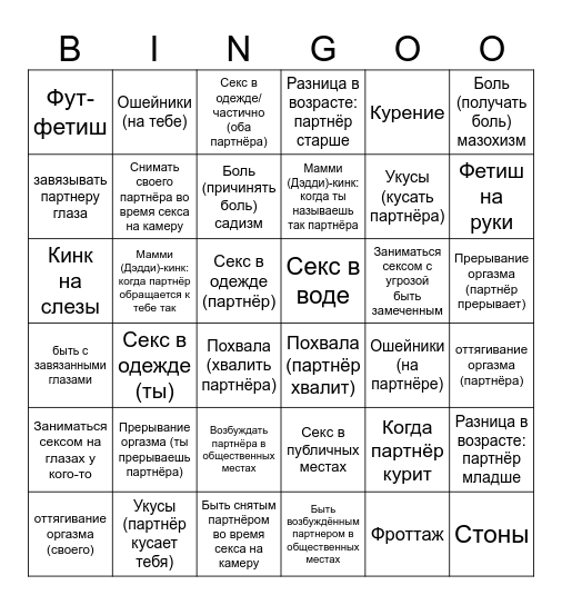 Кинки-бинго Bingo Card