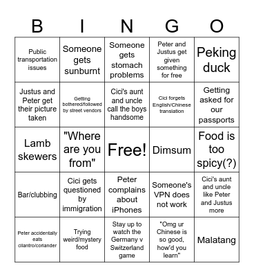 China Trip Bingo Card