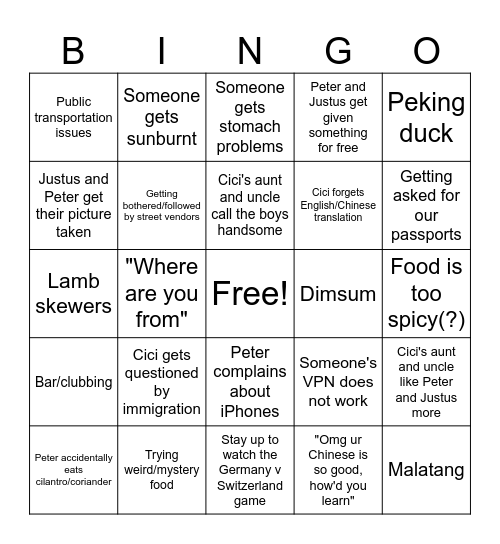 China Trip Bingo Card