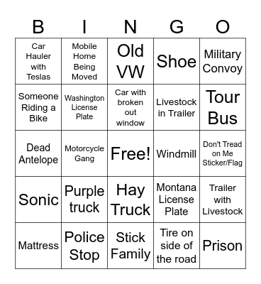 Perry Family Road Trip Bingo Card