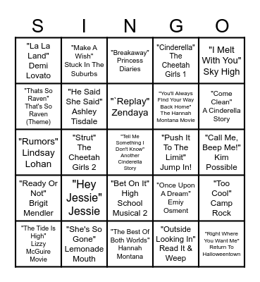 This is City Beach, and you're playing Disney Channel Singo! 4 corners & 1line ◲◱◰◳ & ↕↖↔↘ Bingo Card