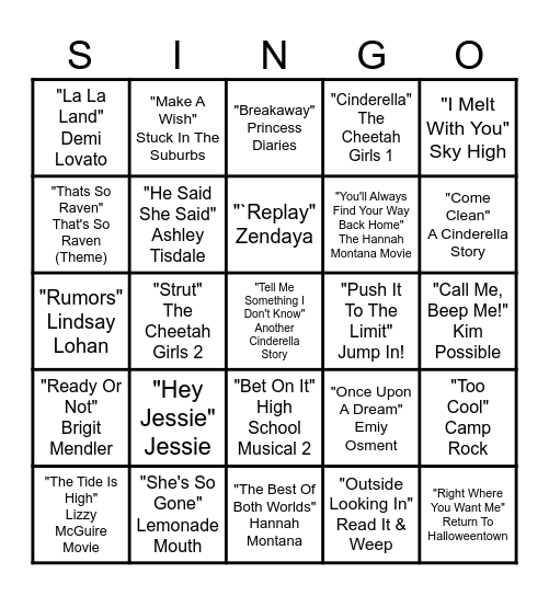 This is City Beach, and you're playing Disney Channel Singo! 4 corners & 1line ◲◱◰◳ & ↕↖↔↘ Bingo Card