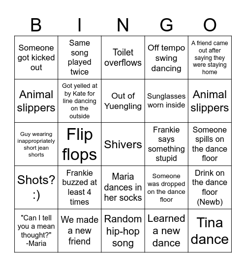 Cowboys Dance Hall Bingo Card