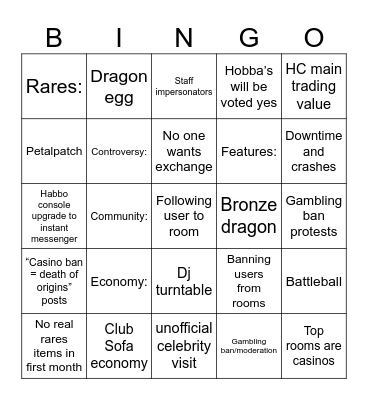 Habbo Hotel: Origins Bingo Card