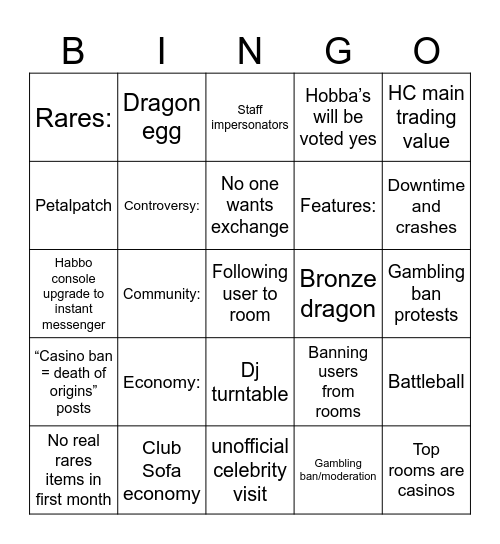 Habbo Hotel: Origins Bingo Card