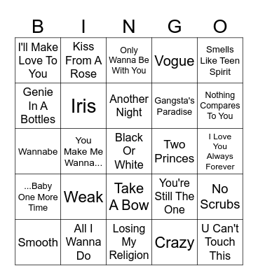 90's Pop Bingo Card