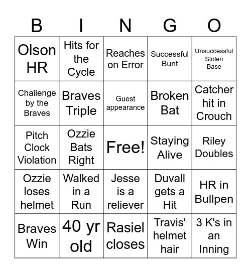 Braves Baseball Bingo Card