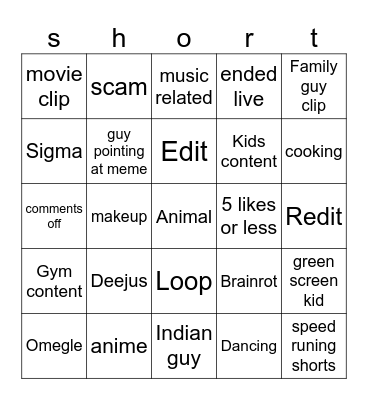 shorts bingo Card