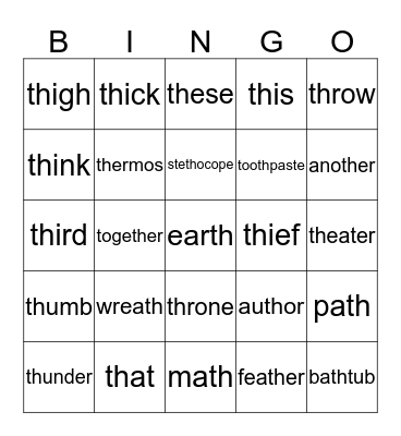 "TH" words Bingo Card