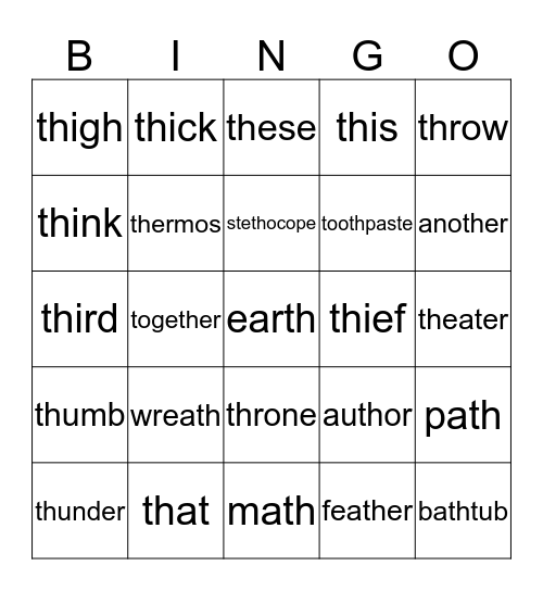 "TH" words Bingo Card