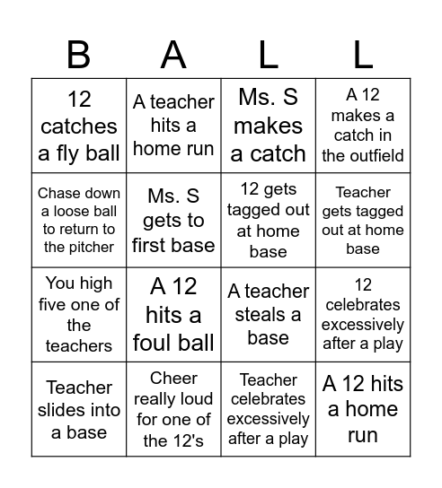 Teacher vs Grade 12 Softball Game Bingo Card