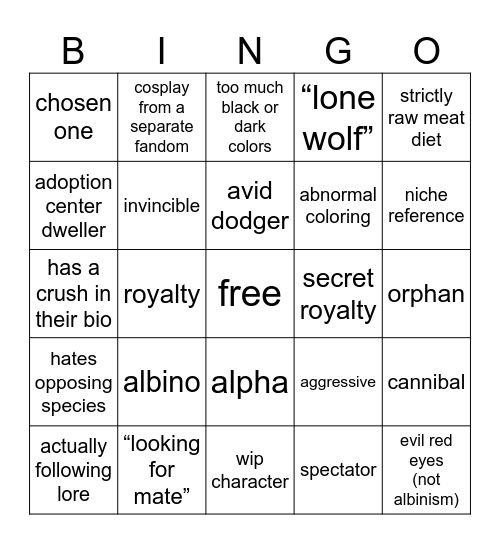 cringe roleplayer bingo Card