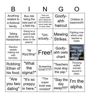 Things seen, done, or experienced at school. Bingo Card