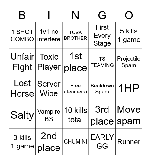 YBA SBR BINGO Card