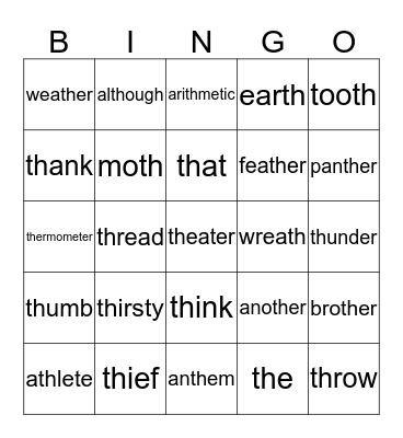 "TH" words Bingo Card