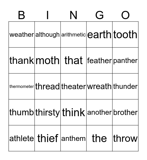 "TH" words Bingo Card