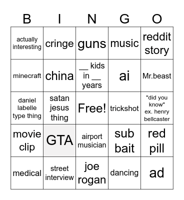Youtube SHORTS!!!!!!! Bingo Card