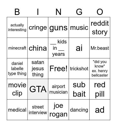 Youtube SHORTS!!!!!!! Bingo Card