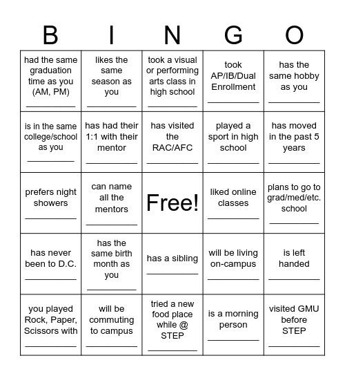 Find Someone in STEP Who... Bingo Card