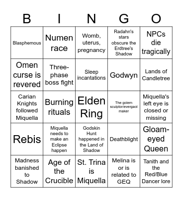 Tess's Elden Ring Bingo Card
